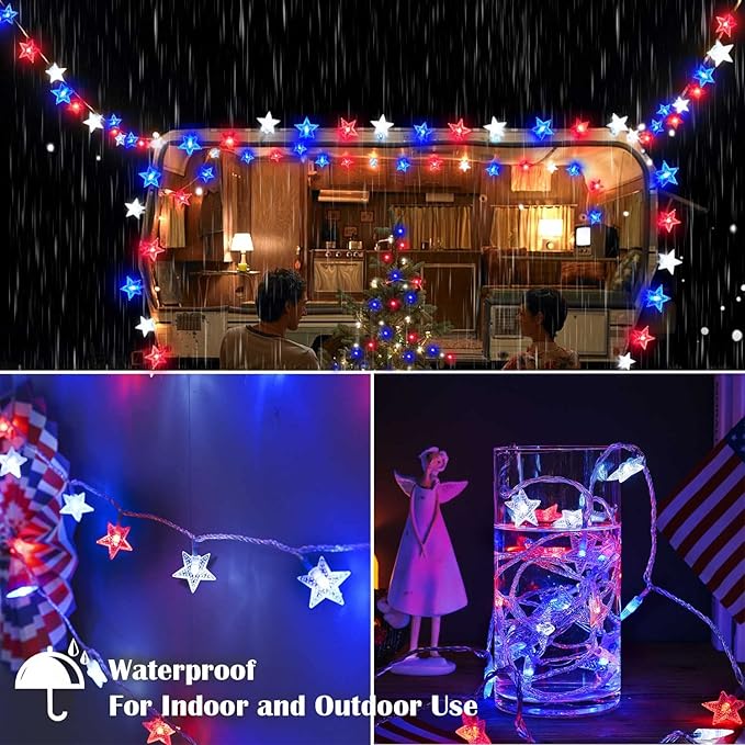 4th of July Decor Lights, Red White Blue Lights Battery Operated 100LED Patriotic Star String Lights 51FT 8Mode Waterproof for Indoor Outdoor 4th of July Independence Day Memorial Day Decor