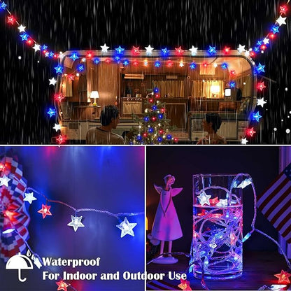 4th of July Decor Lights, Red White Blue Lights Battery Operated 100LED Patriotic Star String Lights 51FT 8Mode Waterproof for Indoor Outdoor 4th of July Independence Day Memorial Day Decor