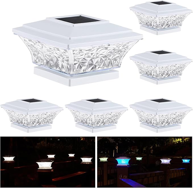 HUYIENO Solar Post Cap Lights Outdoor LED Lighting Deck Fence Cap Light Two Light Modes Bright White/Color Cyclin Suitable for 4x4 Vinyl Posts (White, 6pk)