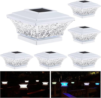 HUYIENO Solar Post Cap Lights Outdoor LED Lighting Deck Fence Cap Light Two Light Modes Bright White/Color Cyclin Suitable for 4x4 Vinyl Posts (White, 6pk)