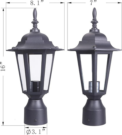 LIT-PaTH 16 Inch Outdoor Lamp Post Light Fixture, Exterior Pole Lantern with Clear Glass, Hardwired Aluminum Post Lighting for Driveway Garden Yard, Matte Black, 2-Pack