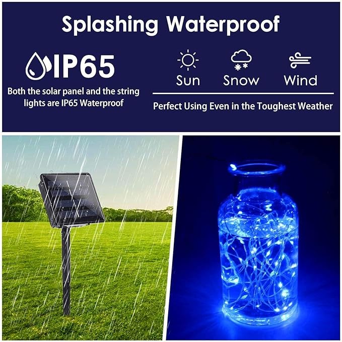 Blue Solar String Lights Outdoor, 2 Pack Total 80FT 200 LED Solar Twinkle Lights for Outside, Waterproof Copper Wire 8 Modes Fairy Light for Garden Tree Party Birthday Patio Christmas Decorations