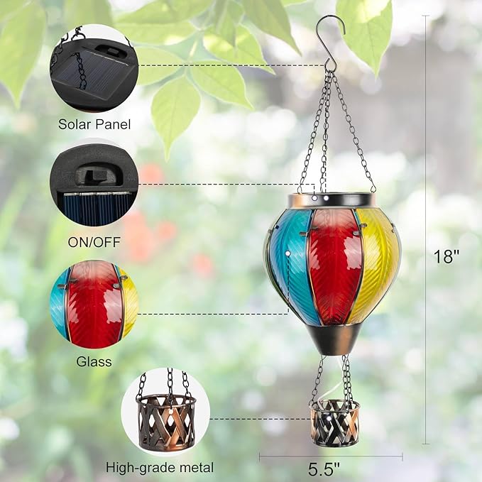 Larekook Solar Hot Air Balloon Lantern with Flickering Flame Light,Glass Hanging Garden Decor Hot Air Balloon Solar Lantern Outdoor Waterproof for Yard Patio Porch Lawn(Rainbow)
