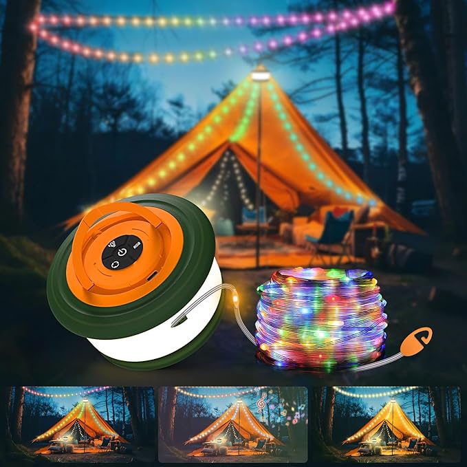 Camping String Lights, 3 in 1 Upgraded Retractable RGB Outdoor Tent Lights with 19 Modes, Quick 30s Recovery, 32.8 FT Portable, Rechargeable Camping Lantern (Green & Orange)