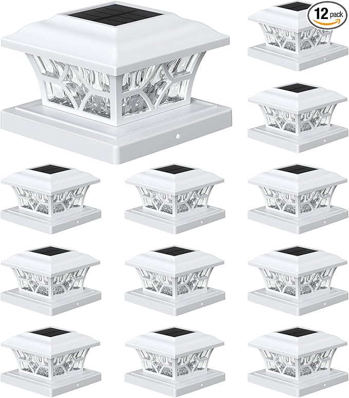 APONUO Solar Post Cap Lights 12 Pack with 1000mAh Battery - for 4x4 5x5 6x6 Fences, Larger Size & Longer Lasting, 2-Mode, IP64 Waterproof, for Deck Patio Yard (White)