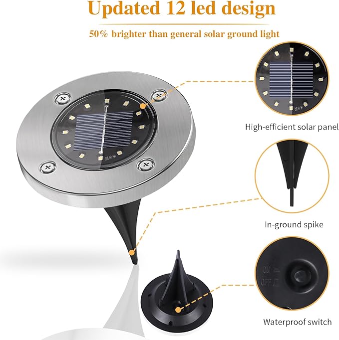 8 Pack Solar Ground Lights, Modern Outdoor Waterproof LED Landscape Lights, Cold Color, 12 LEDs Each, Pathway, Yard, Garden, Patio, Deck, Driveway, Lawn
