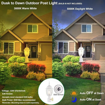 LIT-PaTH Dusk to Dawn Outdoor Post Lighting Fixture Pole Lantern, E26 Medium Base Max 60W, Aluminum Housing Plus Glass, Bulb Not Included (White, 2-Pack)