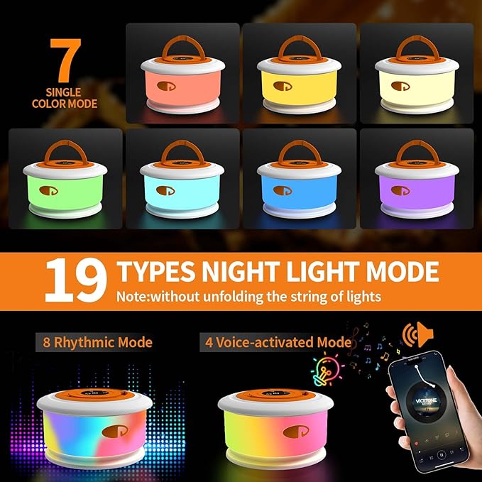 Camping String Lights, 3 in 1 Upgraded Retractable RGB Outdoor String Lights with 19 Lighting Modes,Quick 30s Recovery, 32.8 FT Portable Tent Lights, Rechargeable Camping Lantern (White&Orange)