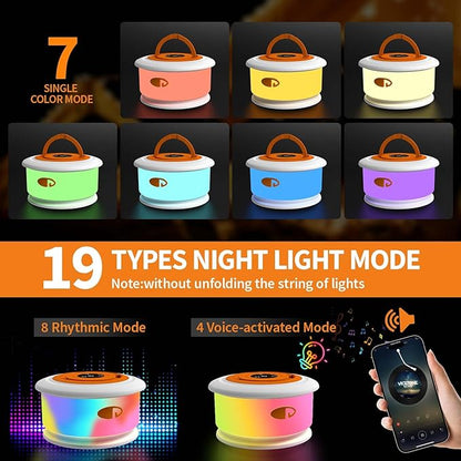Camping String Lights, 3 in 1 Upgraded Retractable RGB Outdoor String Lights with 19 Lighting Modes,Quick 30s Recovery, 32.8 FT Portable Tent Lights, Rechargeable Camping Lantern (White&Orange)