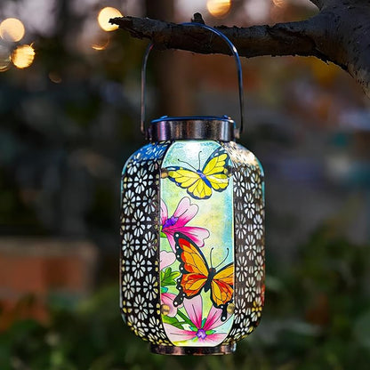 Solar Butterflies Lantern Outdoor Hanging Garden Decor – Waterproof Metal & Stained Glass Light with Handle Decorative Retro Yard Art for Patio, Porch, Table, Pathway – Gardening Gift for Mom & Women