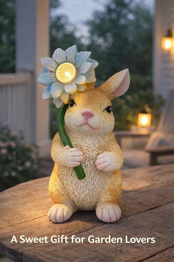 Solar Bunny Garden Statue with LED Flower – Hand-Painted Resin Rabbit Figurine, Outdoor Solar Light Decor for Yard, Patio, Porch, Lawn (Rabbit)