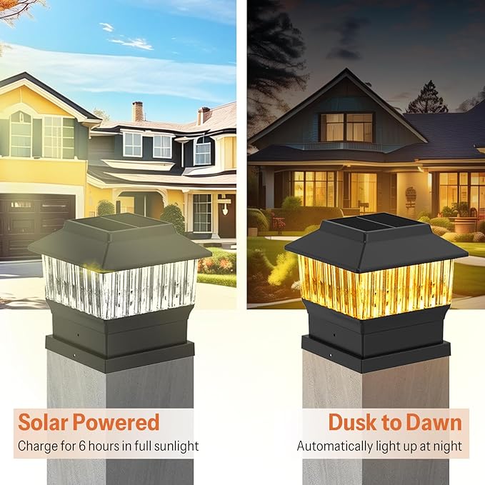 6 Pack Solar Post Cap Lights - Modern #2: Fits True 4x4 Vinyl & 5x5 Wood Posts, Bulk Savings, 3 Color Temp, 50 Lumen Waterproof Outdoor Lights for Deck Fence, Matte Black