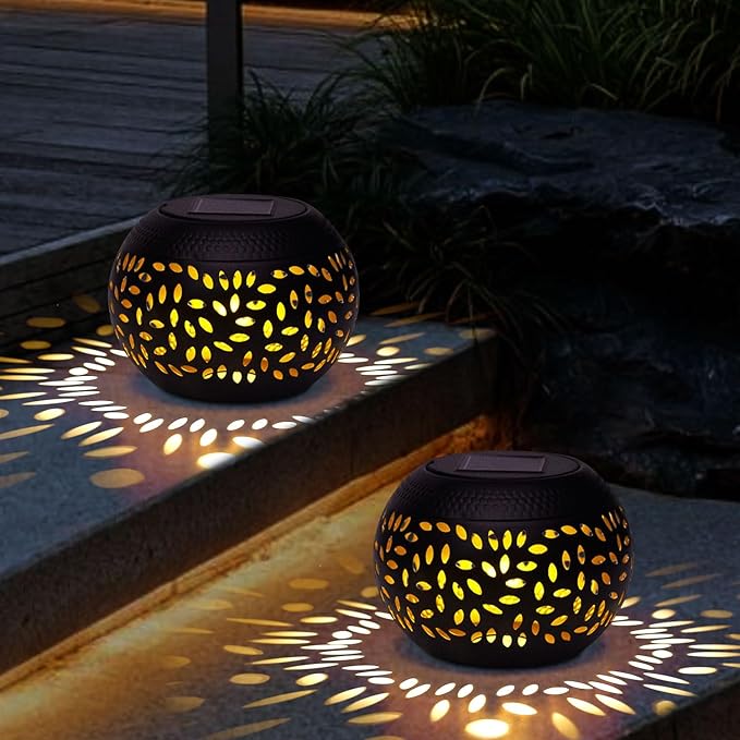 Solar Lanterns Waterproof Outdoor - 2 Pack Hollow Out Retro Metal Solar Lights, Unique Gardening Gifts for Women Mom, Outside Garden Yard Porch Lawn Indoor Tabletop Decorations