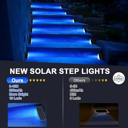 6 Pack Solar Stair Lights, Outdoor Step Lights with Waterproof IP67, Blue Color LED Solar Light for Outside Light Decor for Stair, Deck, Front Step, Front Porch, Patio and Backyard