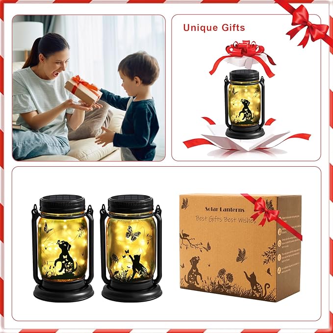 2 Pack Cat Solar Lanterns Outdoor, Cat & Dog Butterfly Vintage Glass Mason Jar, Birthday Mothers Day Gifts for Mom, Grandma, Women, Waterproof Garden Lights for Patio Yard Lawn Tree Decor