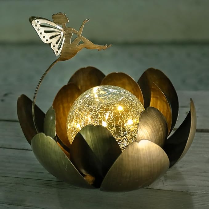 MUMTOP Fairy Garden Solar Lights Outdoor Decor, Waterproof Lotus Solar Outdoor Lanterns Fairy Glass Crackle Globe Lotus Flower Tabletop Lamp for for Patio Pathway Yard Garden Decor