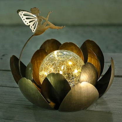 MUMTOP Fairy Garden Solar Lights Outdoor Decor, Waterproof Lotus Solar Outdoor Lanterns Fairy Glass Crackle Globe Lotus Flower Tabletop Lamp for for Patio Pathway Yard Garden Decor