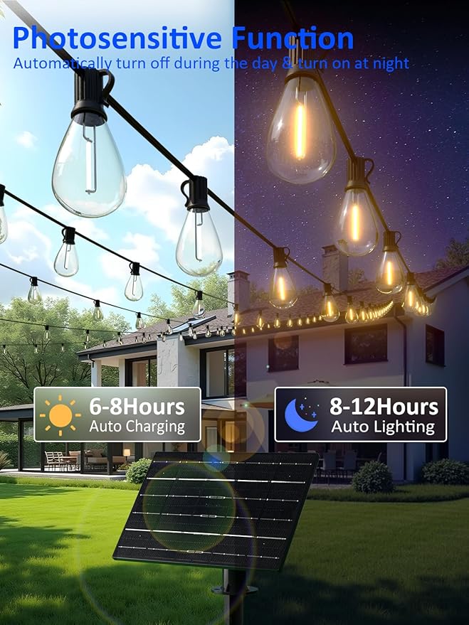 luckystyle 100FT Solar String Lights Outdoor Waterproof with 36+2 LED Bulbs Long Last for 20+Hrs, Commercial Grade Shatterproof Patio Solar Powered Lights for Camping，Backyard, Garden, Porch Decor
