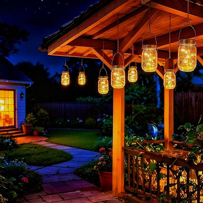 Cooo Gift for her him 6 Pack Solar Lanterns Outdoor Waterproof Upgraded Crystal Glass Solar Mason Jar Lights 30 LED 215% Larger SolarPanel, Anti-Rust Lid Hanging Outdoor Lanterns for Garden Porch