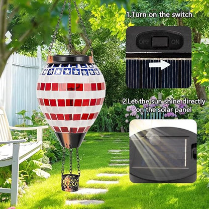 Flag Hot Air Balloon Solar Lantern, Mosica Glass Hanging Solar Lanterns Outdoor Waterproof for Garden, Yard, Patio Decor