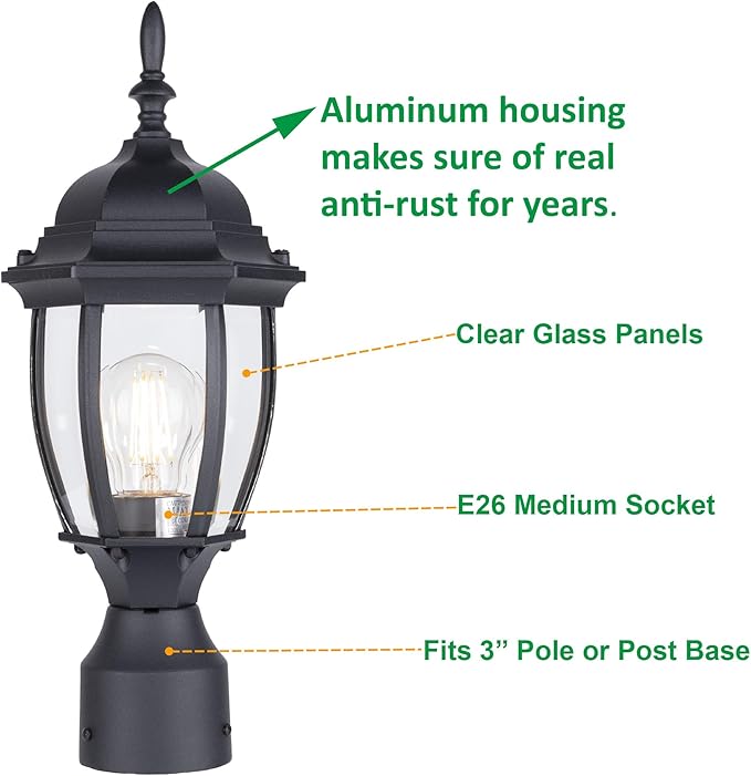 Outdoor Post Lighting Fixture, Black Weatherproof Post Light