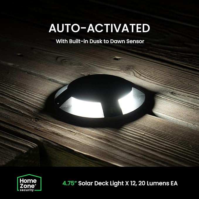 Home Zone 12 Packs Outdoor Solar Deck Light, Black, 120 Lumens Total, Waterproof, Dusk to Dawn, Aluminum Plastic Case for Decor Fence Step Pathway Backyard Garden