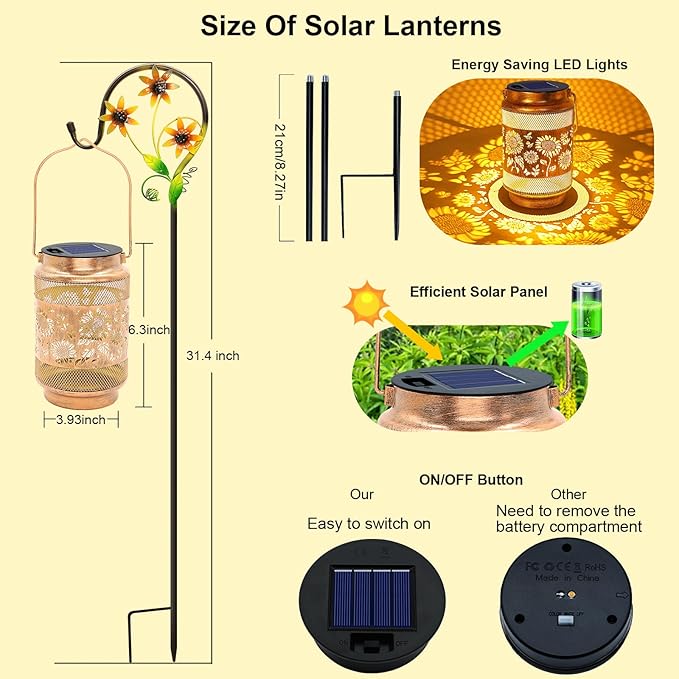 Sunflower Solar Lanterns Outdoor Waterproof with Shepherd Hook, Sunflower Birthday Gifts for Women Mom Grandma, Metal Solar Hanging Lights Garden Decor for Outside Yard Patio Pathway