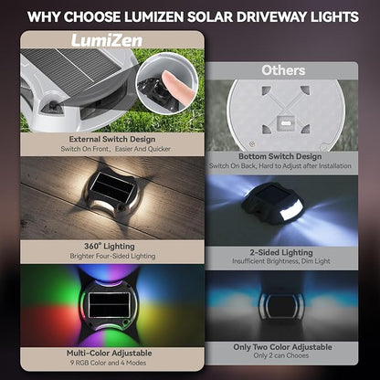 4Pack Solar Driveway Lights, Aluminum Alloy Solar Deck Light,IP68 Outdoor Waterproof Marine Dock Lights, Multi-Color LED Driveway Markers for Driveway Sidewalk Pathway[RGB/Fix-Color/Strobe]