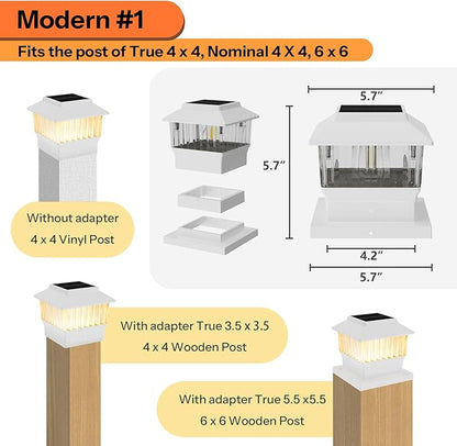 Solar Post Cap Lights 4 Pack, Modern #1: Fits True 4x4 Vinyl, 4x4 & 6x6 Wood Posts, 3 Color Temperature, 50 Lumen Waterproof Outdoor Lights for Deck Fence, Elegant White