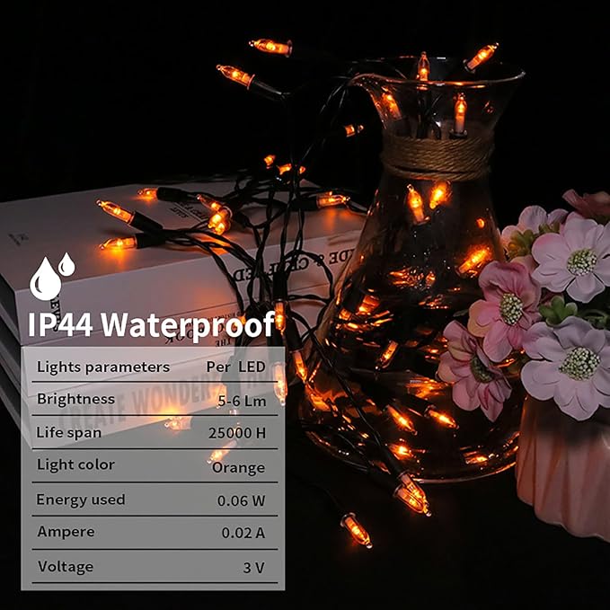 Battery Operated Halloween Lights - 2 Pack 50 LED Orange Mini String Lights for Small Tree, Wreath, Crafts, Indoor/Outdoor Halloween Decor, 8 Modes & Memory Function, 18.3 Feet Black Wire