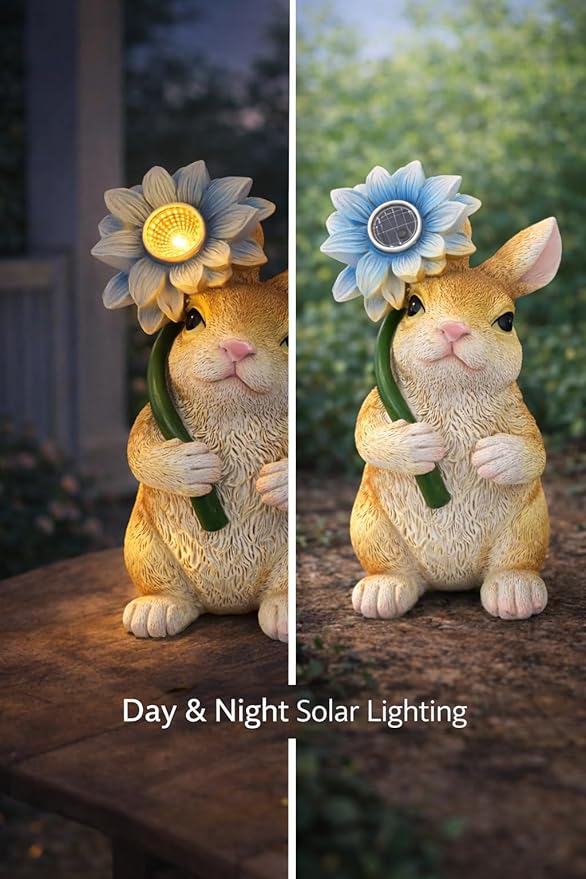 Solar Bunny Garden Statue with LED Flower – Hand-Painted Resin Rabbit Figurine, Outdoor Solar Light Decor for Yard, Patio, Porch, Lawn (Rabbit)