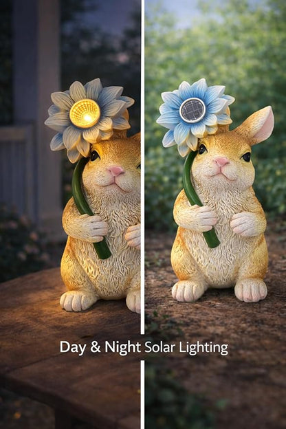 Solar Bunny Garden Statue with LED Flower – Hand-Painted Resin Rabbit Figurine, Outdoor Solar Light Decor for Yard, Patio, Porch, Lawn (Rabbit)