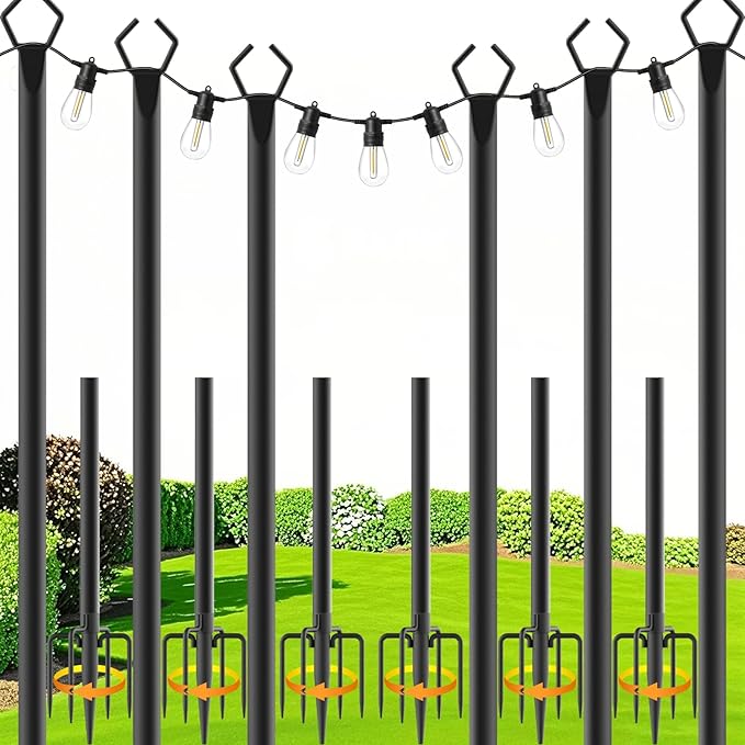 6-Pack Metal String Light Poles, 10ft Deck Stands