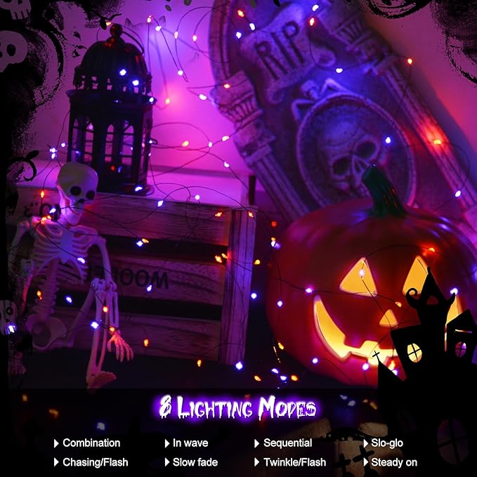 echosari 2 Pack Halloween Fairy Lights Battery Operated, 200 LED 66Ft Auto Timer Silver Wire Starry String Lights 8 Modes for Outdoor Garden Yard Fence Decor (Purple & Orange)
