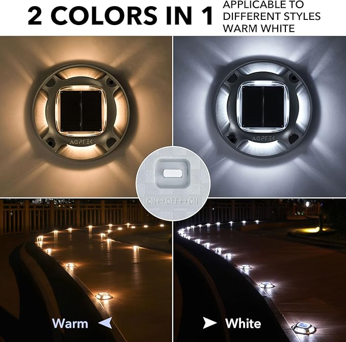 AGPTEK Solar Driveway Lights Outdoor 8 Pack, 2 Color Modes LED Deck Dock Marine Waterproof Driveway Marker Lights for Step Sidewalk Stair Garden Pathway Walkway Yard (Warm White/Cool White)