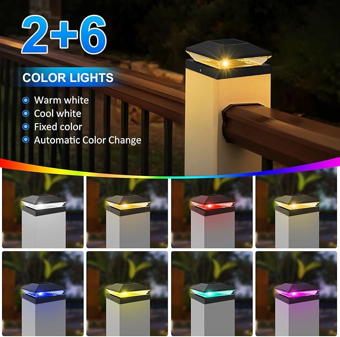 T-SUN Solar Post Cap Lights with Auto-Change Colors- for Wooden (4x4/6x6) & Vinyl (4x4/5x5) Posts | Weatherproof Outdoor Solar Fence Post Lights for Deck, Porch, Garden & Stairs(24-Pack,RGB)