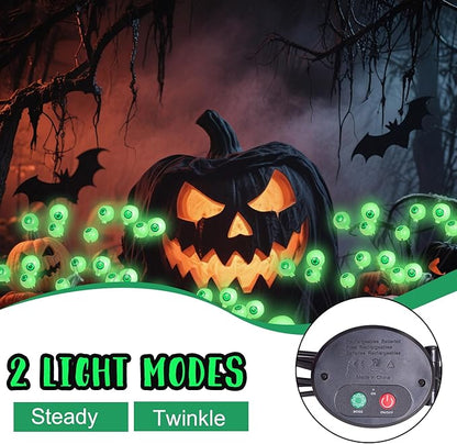 Solar Halloween Decorations Pathway Lights, 2 Packs 16 LED Green Halloween Eyeballs Waterproof Light, Swaying Scary Eye Firefly Outdoor Solar Lights for Yard Garden Lawn Path