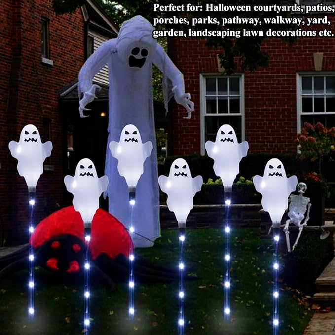 6 Pack Solar Halloween Ghosts Outdoor Decorations, Solar Halloween Lights Outdoor Waterproof, Pathway Lights for Outside Garden Patio Yard Lawn Party Walkway Grave Ghost Decor