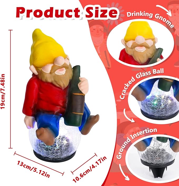 Drinking Gnome Solar Garden Statue - Funny Gnome Figurine with Colorful Crackle Ball LED Light - Perfect Novelty Patio Yard Decor and Gag Gifts - Funny Birthday Gifts for Grandma Mom Women