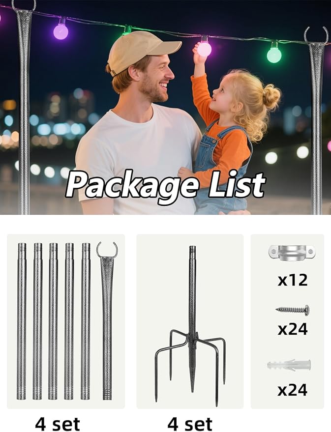 String Light Poles, 4 Pack 10ft Outdoor String Light Poles for Outside and Deck - Ideal for Patio, Garden, Yard, Front Porch Decorations, Frosted Silver