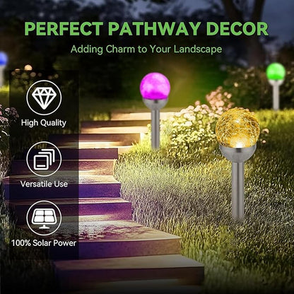 Solar Lights Outdoor, 6 Pack LED Color Changing, Stainless Steel, IP66 Waterproof, Crystal Cracked Glass Solar Garden Lights, Christmas Lights Outdoor for Landscape, Yard, Walkway, Pathway, Multicolor