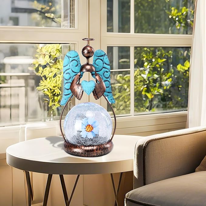MUMTOP Angel Solar Lights Outdoor Garden - Solar Lanterns Light Decorative Waterproof with Glass Cracked Globe Tabletop Lantern Lamp Ornaments for Yard Patio Decor Gift (Hold Heart)