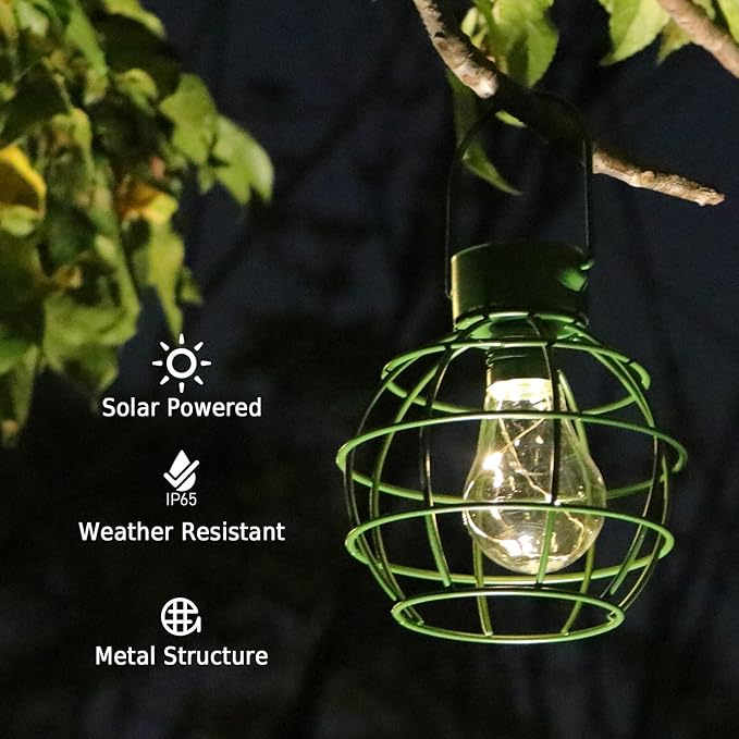 2 Pack Solar Lanterns Outdoor Hanging Lights, Metal Solar Lantern Outdoor Waterproof Auto On/Off Solar Light for Patio Backyard Pathway Porch, Green
