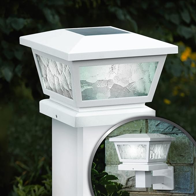 Classy Caps Fairmont Solar Post Cap, FS100W, White - High Performance, Energy Efficient, Weather-Resistant, Durable, Easy Installation, Adapters for 5"x5", 4"" x4, 3.5"x3.5" Posts, Wall/Post Mount