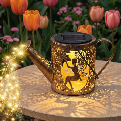 Solar Watering Can Lights with Fairy & Flowers, Outdoor Garden Decor with Cascading String Lights, Waterproof Solar Powered Hanging Lantern for Patio Yard Pathway, Gift for Mom Cat Lovers Gardeners