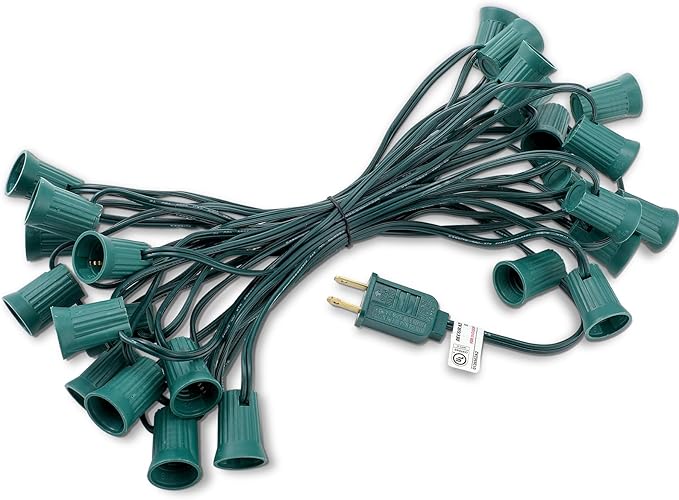 25 ft C9/e17 Ul Listed String Light Cord Wire Spool, Christmas C9 Light Wire Stringer Strand Set for Outdoor Patio Xmas Tree Roofline, 12 Spacing, Green