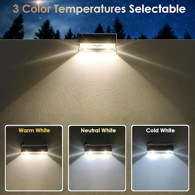 Solar Fence Lights Outdoor - 3000/4000/6000K 3 Mode, IP65 Waterproof Fence Lights Solar Powered, Dusk to Dawn Solar Light for Outside, Backyard/Step/Patio/Deck/Stair Railings and Wall (12 pack)