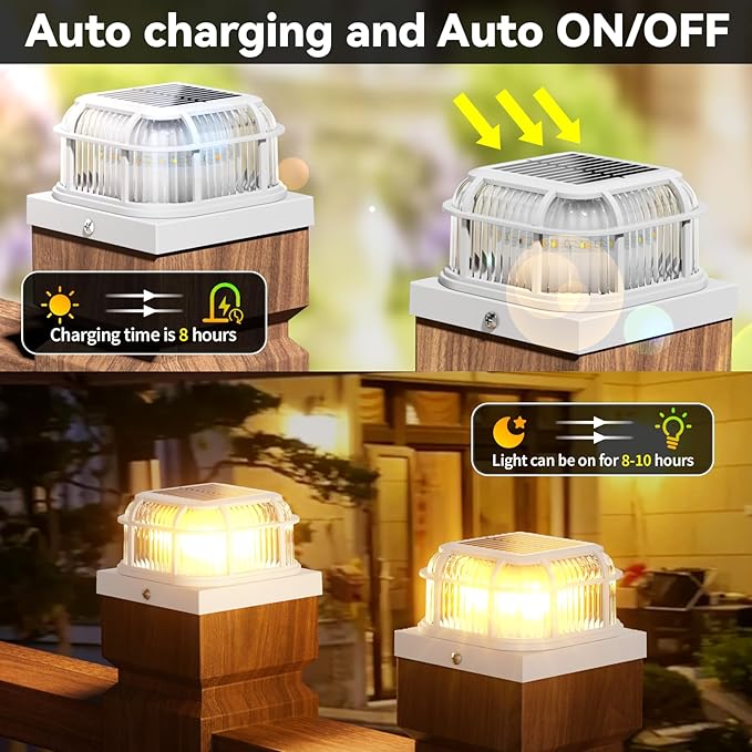 Solar Post Light 8 Packs with 4x4, 5x5 and 6x6 Inches Base for Vinyl/Wooden Posts, Bright 16 LEDs Solar Cap Lights with Two Light Modes for Decorating Deck, Patio, Porch, Fence (White)