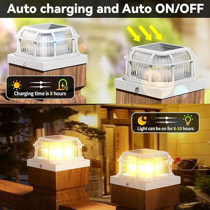 Solar Post Light 4 Packs with 4x4, 5x5 and 6x6 Inches Base for Vinyl/Wooden Posts, Bright 16 LEDs Solar Cap Lights with Two Light Modes for Decorating Deck, Patio, Porch, Fence (White)