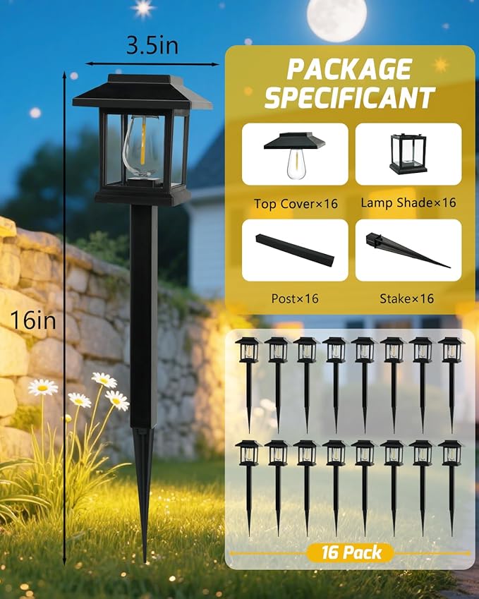 16-Pack Solar Lights Outdoor (Extra-Bright & Smart Auto On/Off), Solar Powered Garden Lights, Waterproof Solar Pathway Lights for Landscape, Path, Yard, Patio, Driveway, Walkway Decor (Cool White)